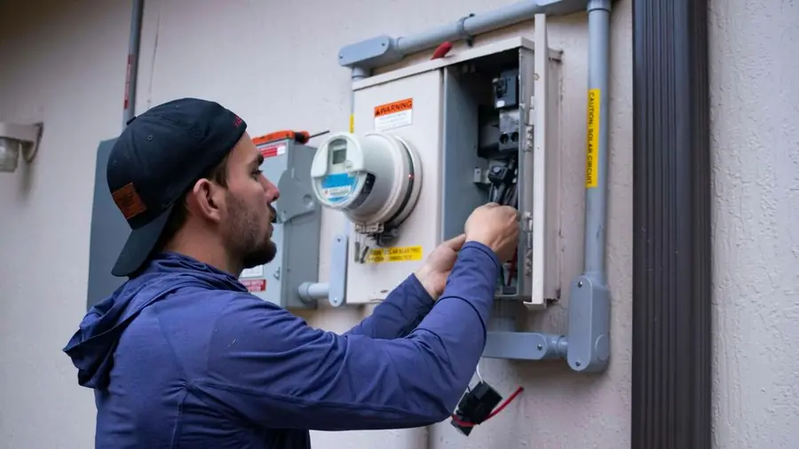 Électricien intervenant sur un compteur extérieur